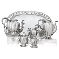 Signé Prieto Juarez Mexico 950 Sterling Silver 5 Pieces Coffee Tea Set W/ Tray