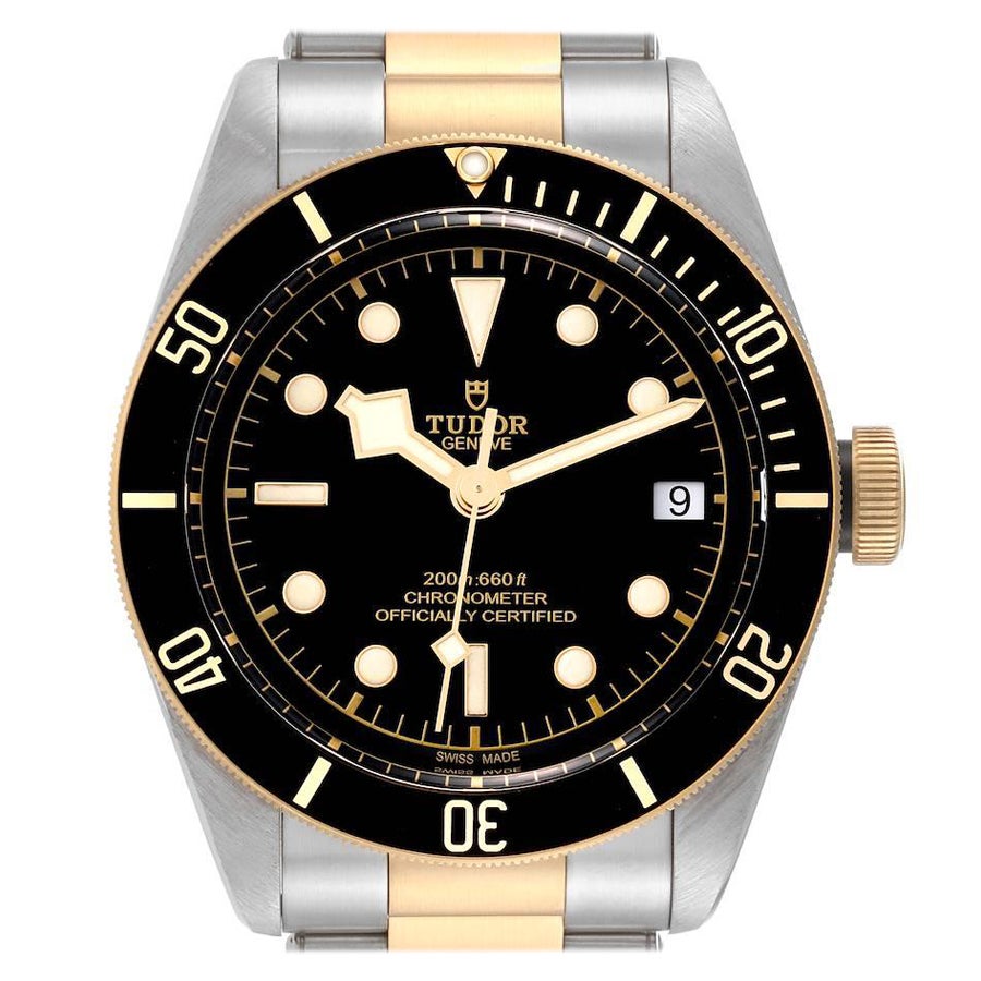 Tudor Black Bay Steel Yellow Gold Black Dial Mens Watch 79733 Box Card