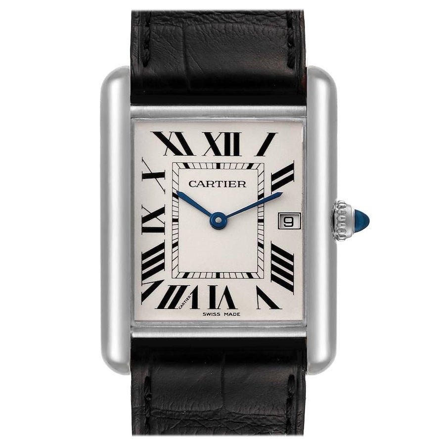 Large Louis Cartier Tank 18 Karat Yellow Gold Black Strap Classic ...