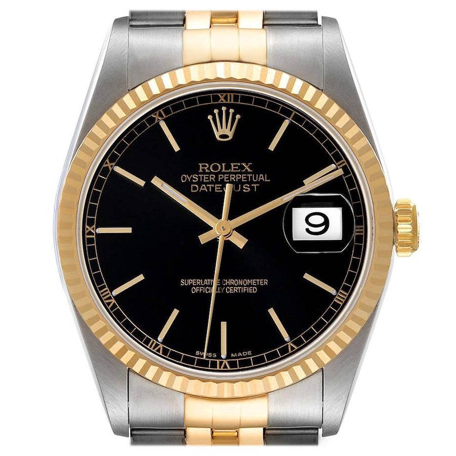 Rolex Datejust Steel Yellow Gold Black Dial Mens Watch 16233