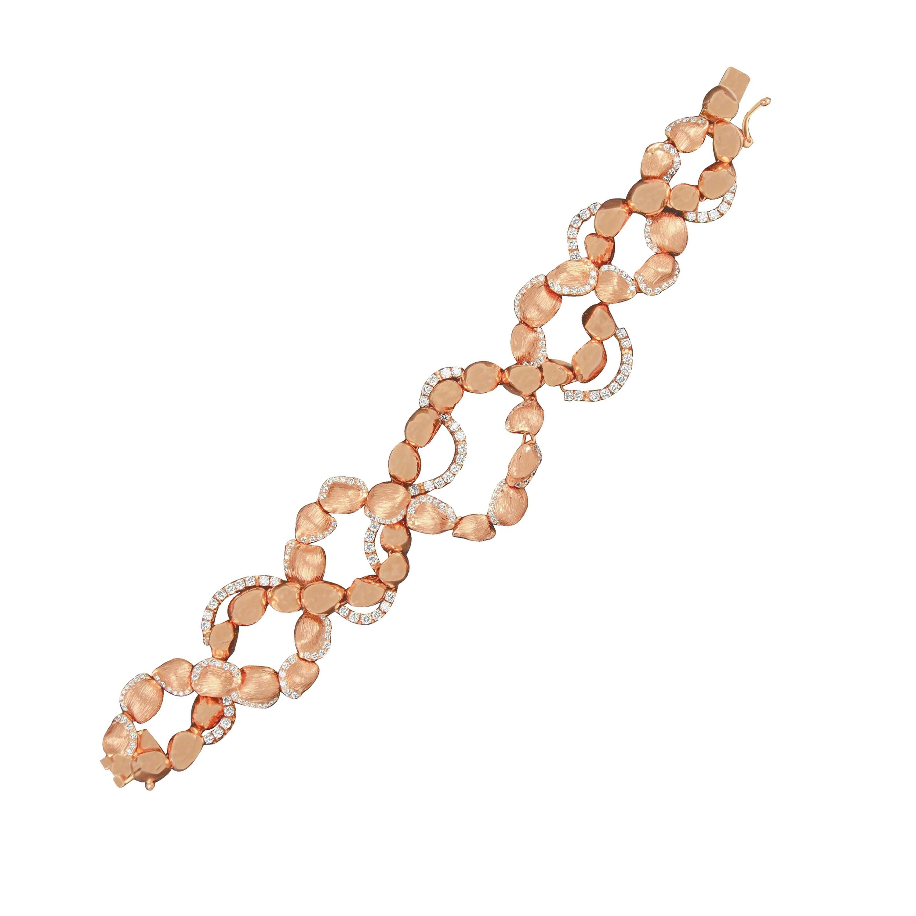 18k Shiny & Matte Rose Gold Bracelet with Round Cut Diamonds For Sale