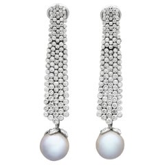 Retro Cultured Pearl and 4.24 Carat Diamond 18k White Gold Drop Earrings