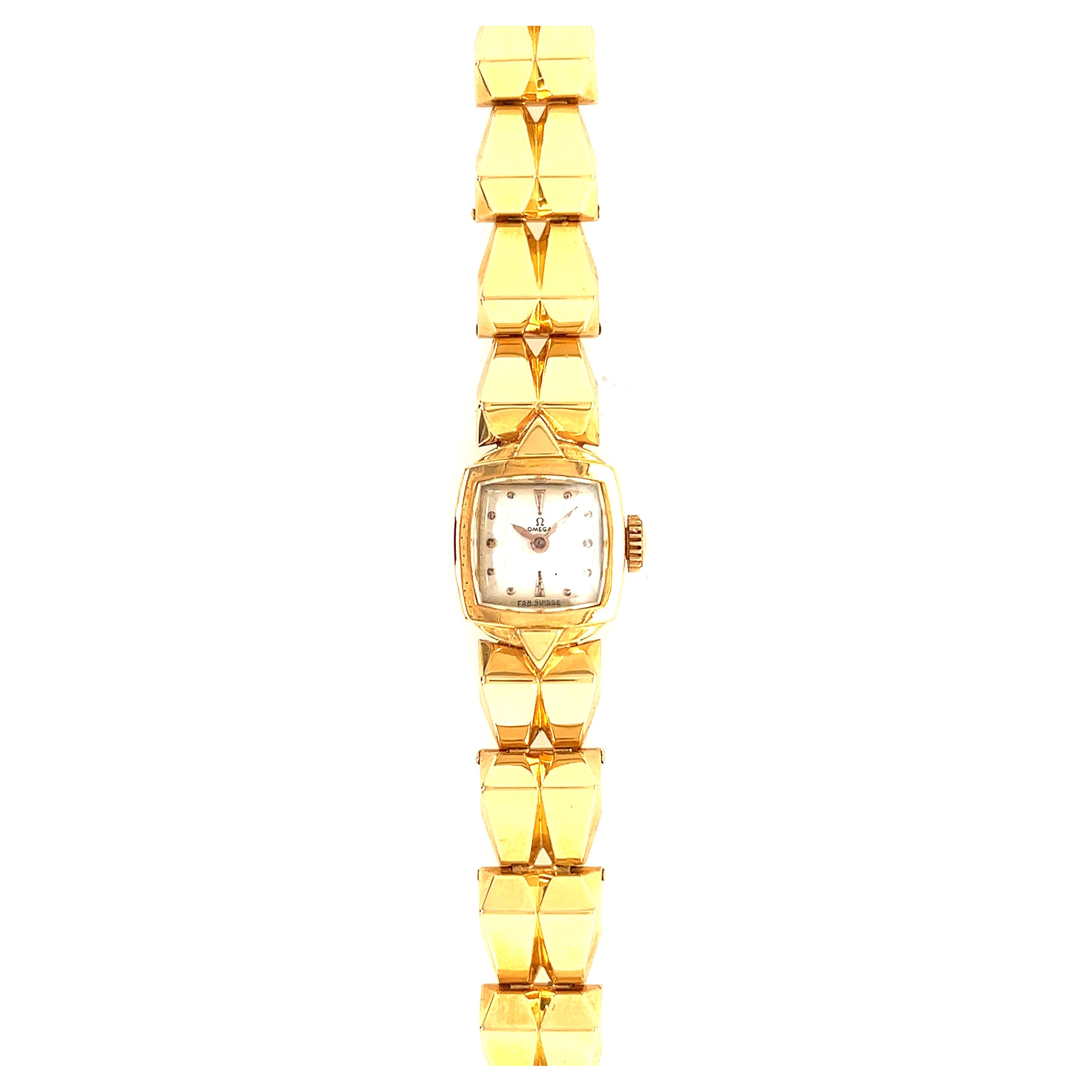 Omega Vintage Tank Women Watch off White Dial Yellow Gold 18Karat 