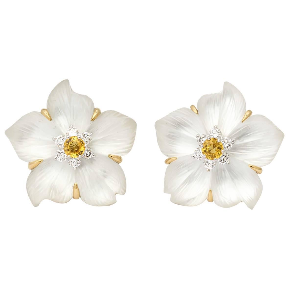 1980s Seaman Schepps Clematis Yellow Sapphire Diamond Gold Earrings