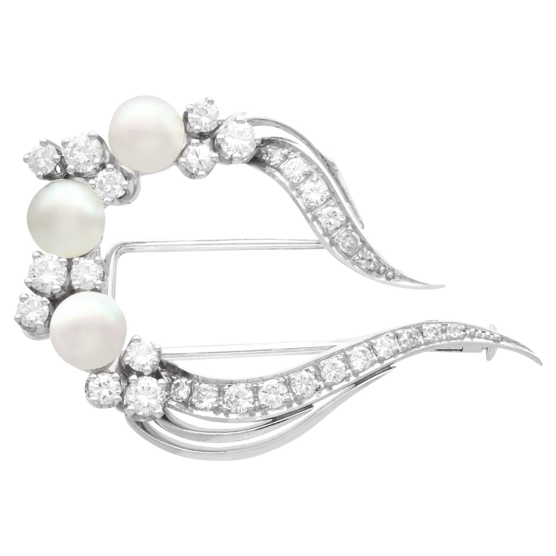 Vintage 1960s Cultured Pearl and 1.15 Carat Diamond 18k White Gold Brooch