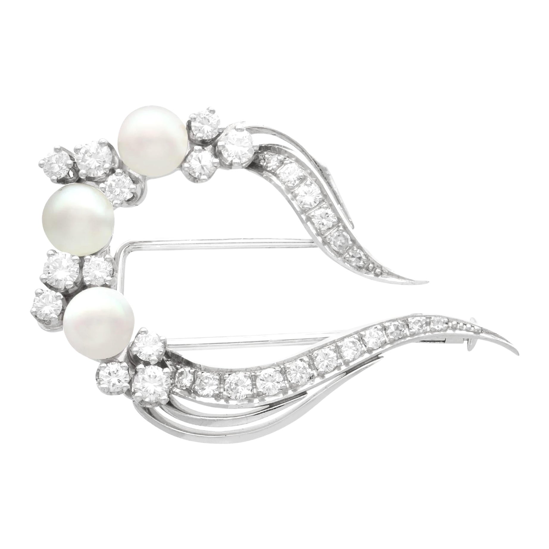Vintage 1960s Cultured Pearl and 1.15 Carat Diamond 18k White Gold Brooch