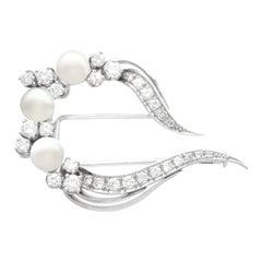 Vintage 1960s Cultured Pearl and 1.15 Carat Diamond 18k White Gold Brooch