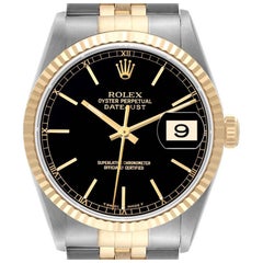 Rolex Datejust Steel Yellow Gold Black Dial Mens Watch 16233 Box Service Card