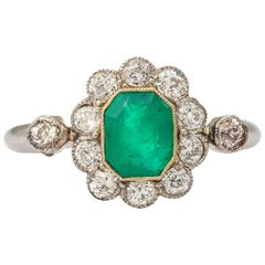 Edwardian Emerald Diamond Platinum Cluster Style Floret Design Ring