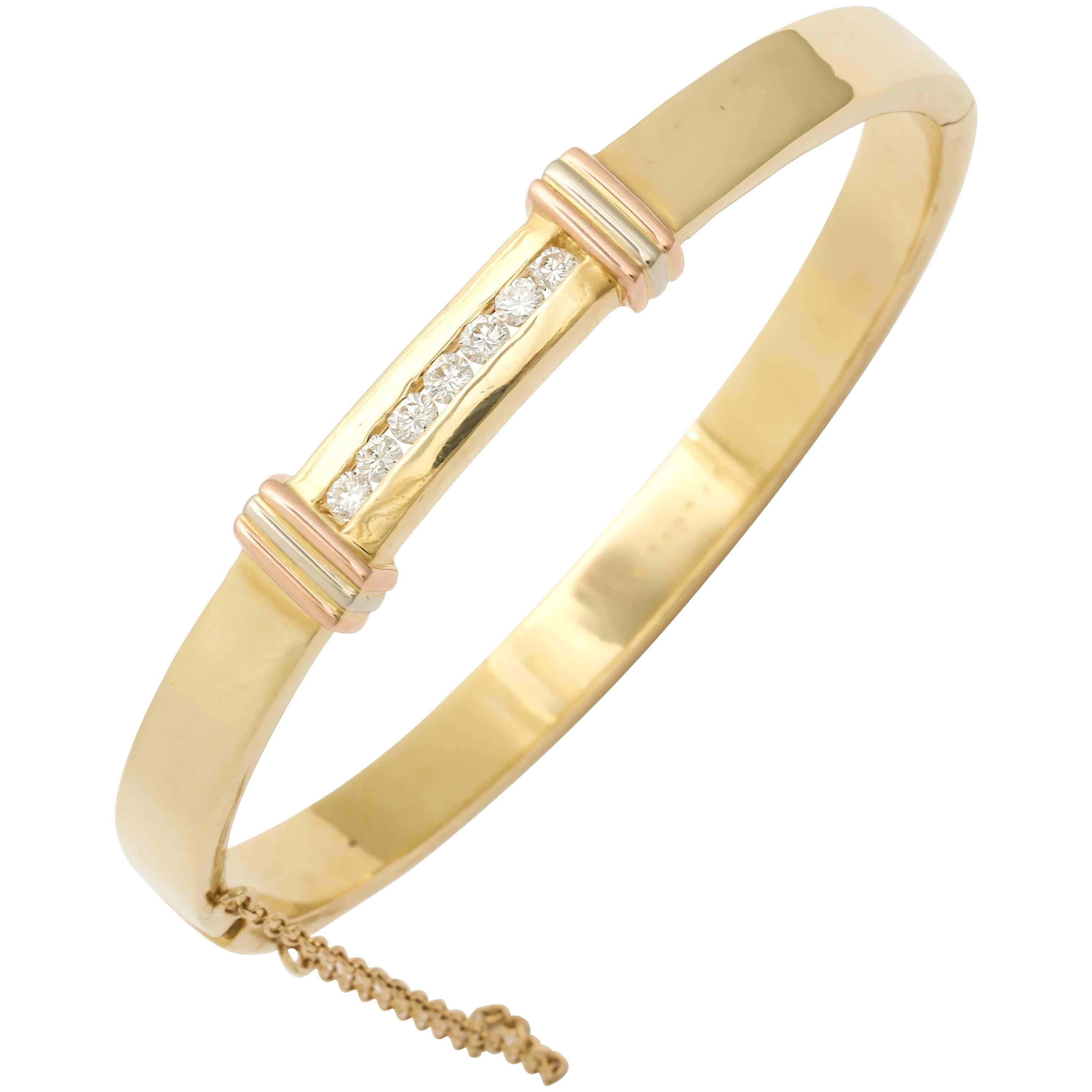 1980s Cartier New York Diamond Gold Hinged Bangle Bracelet