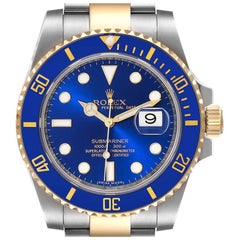 Rolex Submariner Steel Yellow Gold Blue Diamond Dial Mens Watch 116613 Box Card