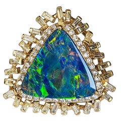 Used 3.18 Carats, Doublet Opal & Yellow Tapered Baguette Diamonds Cocktail Ring