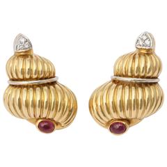 1980s Cabochon Ruby Diamonds Gold Figural Shell Earclips With Posts