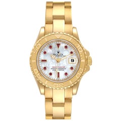 Vintage Rolex Yachtmaster 29 Yellow Gold MOP Ruby Dial Ladies Watch 169628
