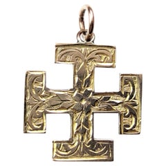 Antique 9k Gold Jerusalem Cross Pendant, Engraved