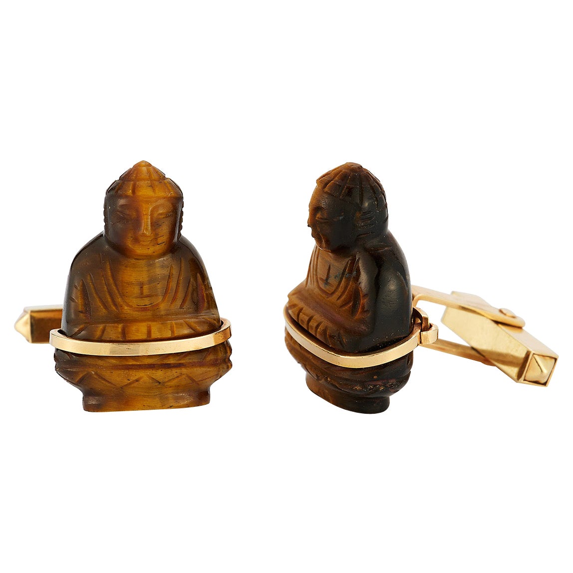 Vintage 14k Yellow Gold and Carved Tiger's Eye Large Buddha Cufflinks