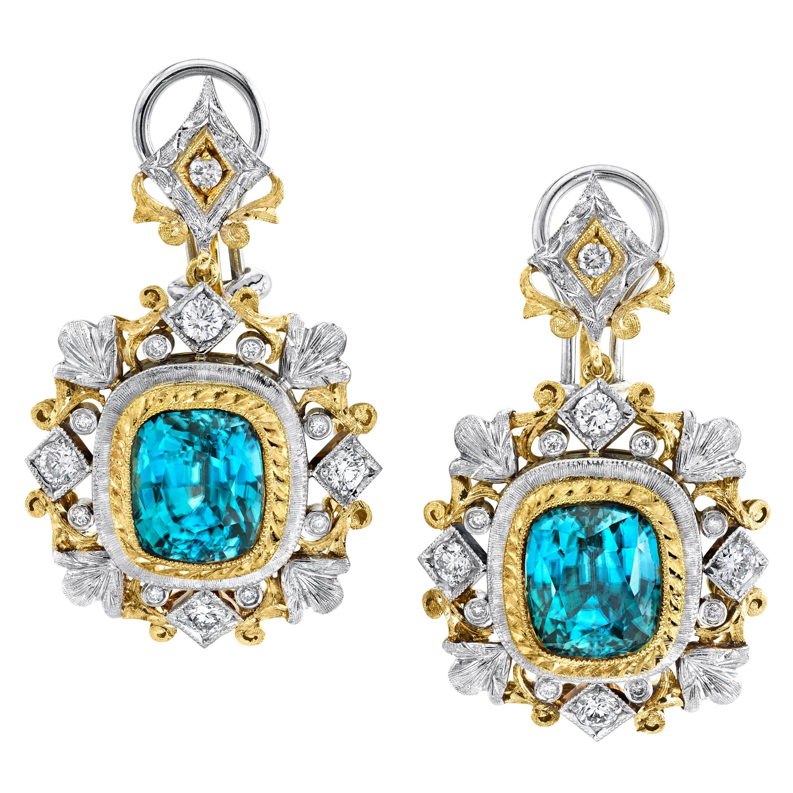 10.60 Ct T.W. Blue Zircon Diamond, Two-Toned Handmade French Clip Drop Earrings For Sale