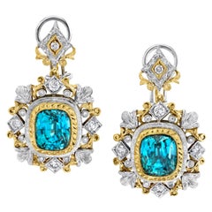 10.60 Ct T.W. Blue Zircon Diamond, Two-Toned Handmade French Clip Drop Earrings