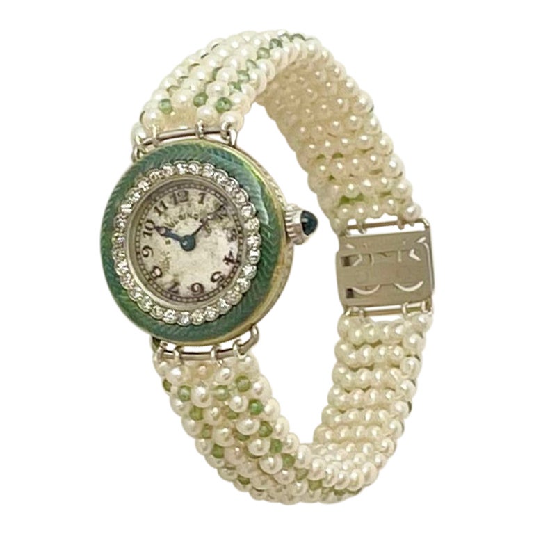 Marina J Edwardian Diamond, Enamel, Platinum, Gold Watch & Woven Pearl Bracelet For Sale