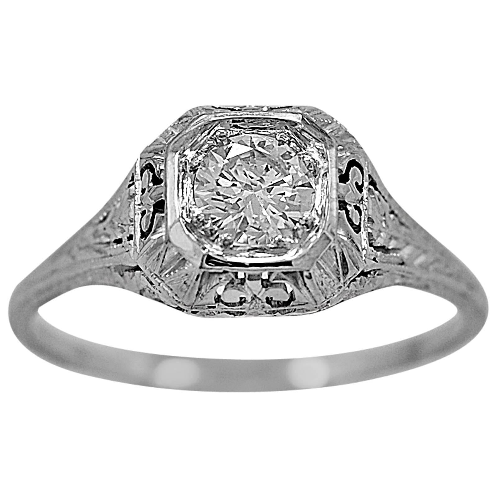 Art Deco .53 Carat Diamond Gold Engagement Ring For Sale