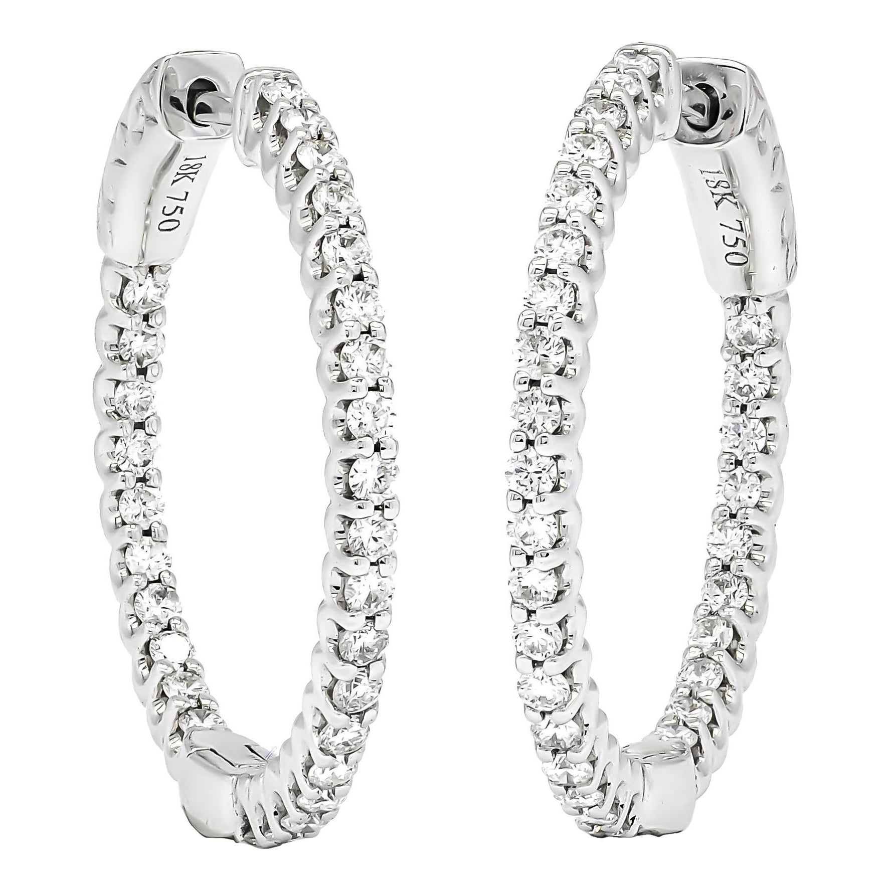 18 Karat White Gold Single Row Diamond in and Out Hoop Huggies Earring For Sale