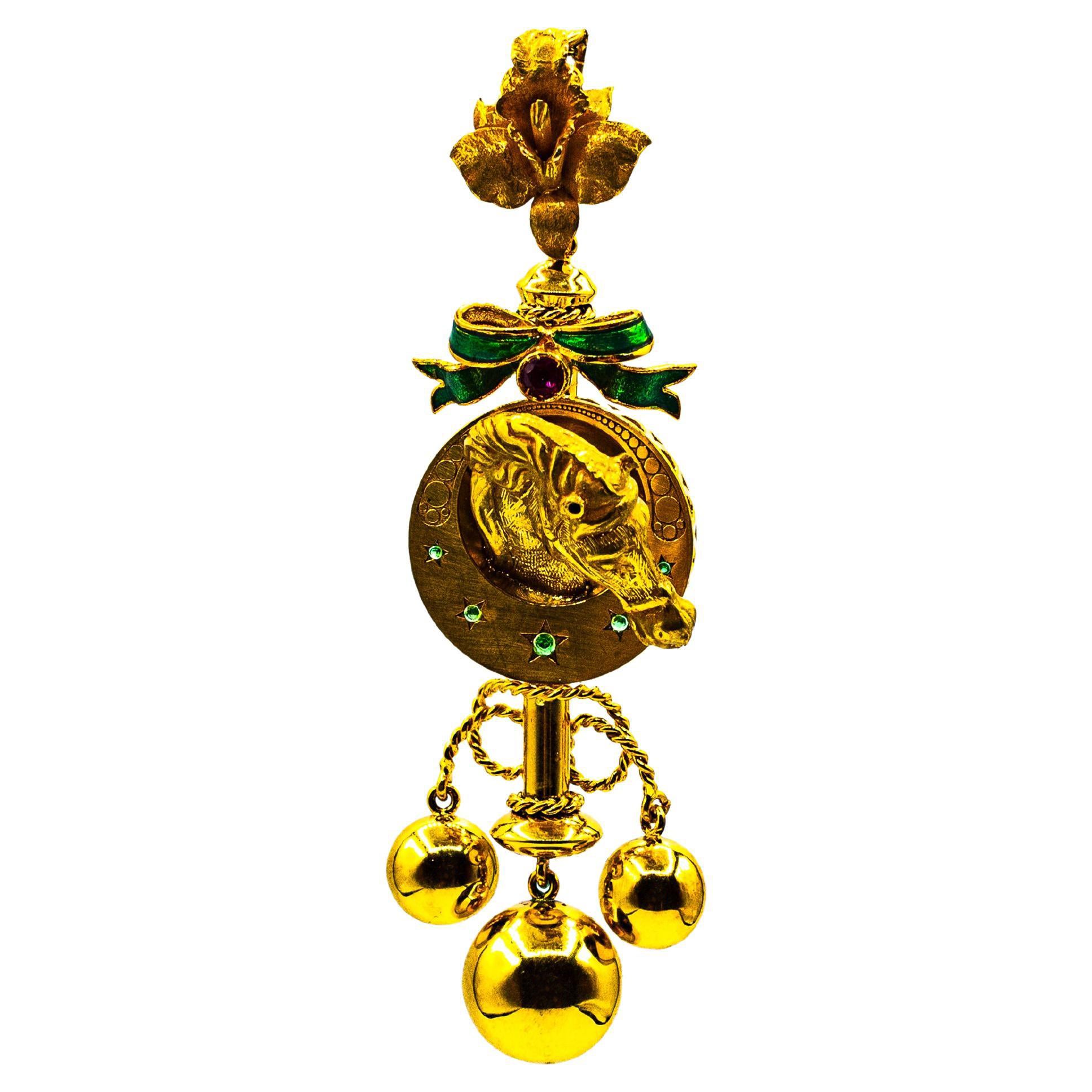 Art Nouveau Style Ruby Enamel Yellow Gold "Horse" Pendant Necklace For Sale