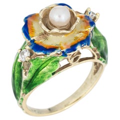 Vintage Enamel Flower Ring Pearl Diamond 14Karat Yellow Gold Estate Jewelry