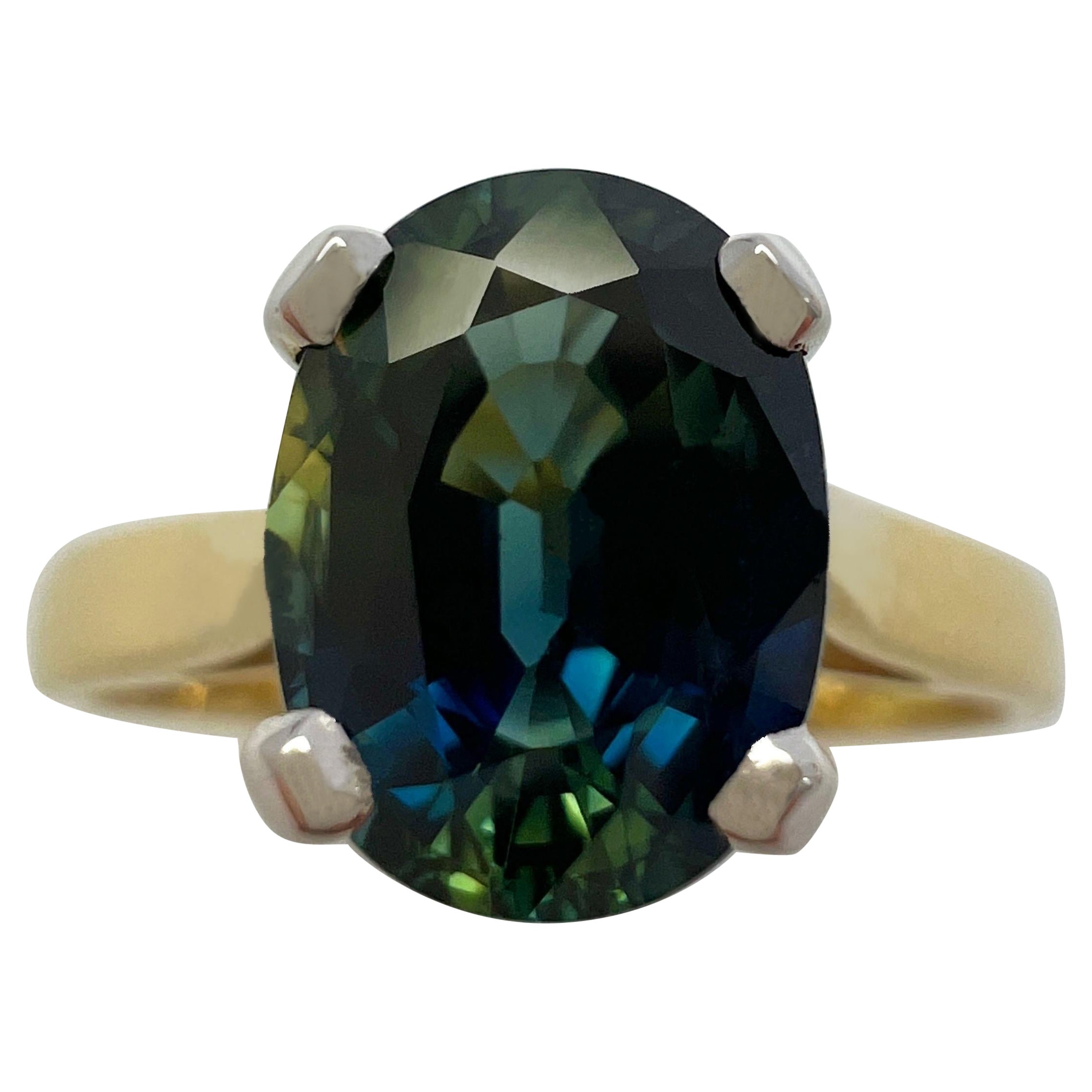 Unique 1.46 Carat Bi Colour Sapphire Blue Green Oval Cut 18k Gold Solitaire Ring
