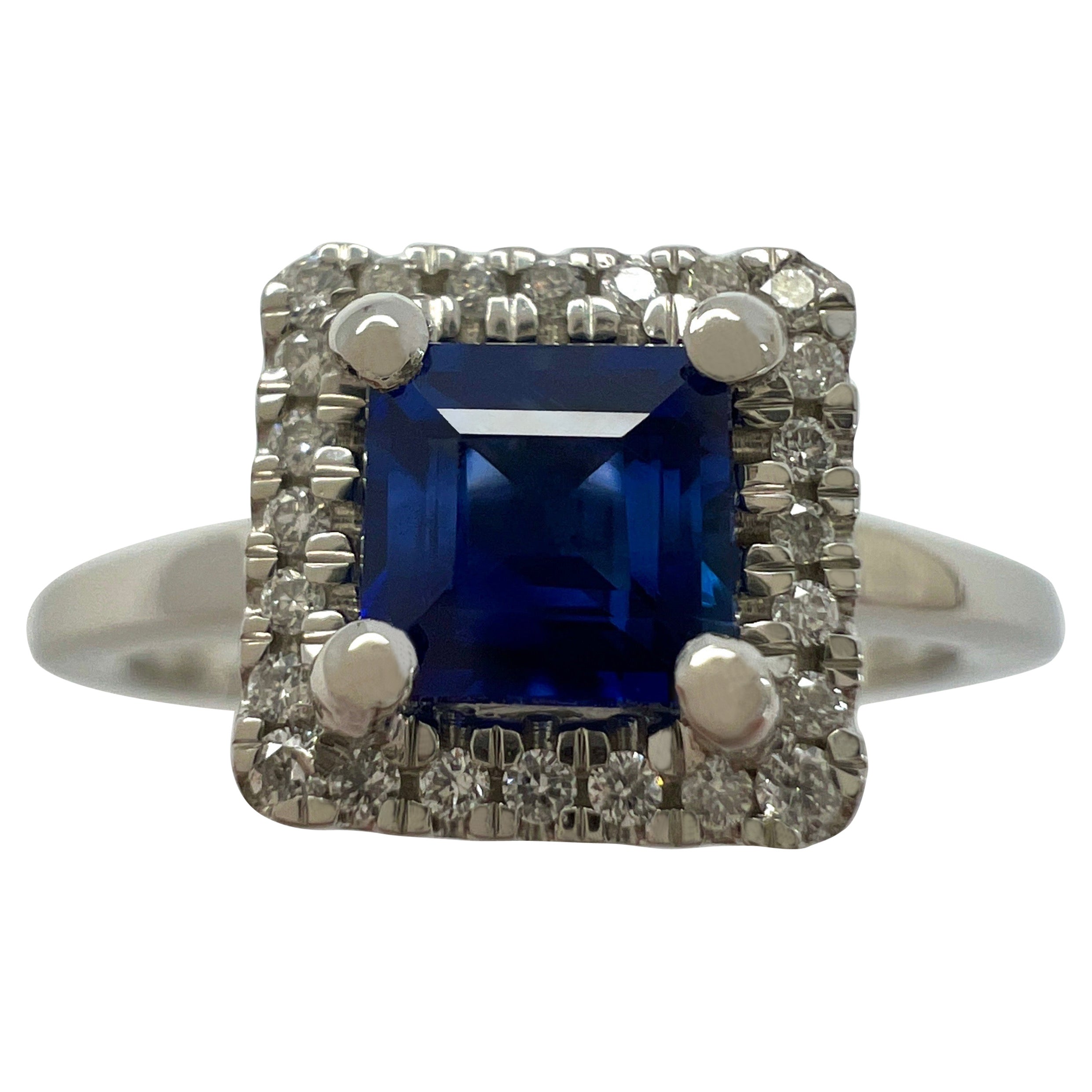 Ceylon Cornflower Blue Sapphire & Diamond Princess Square Cut Platinum Halo Ring For Sale