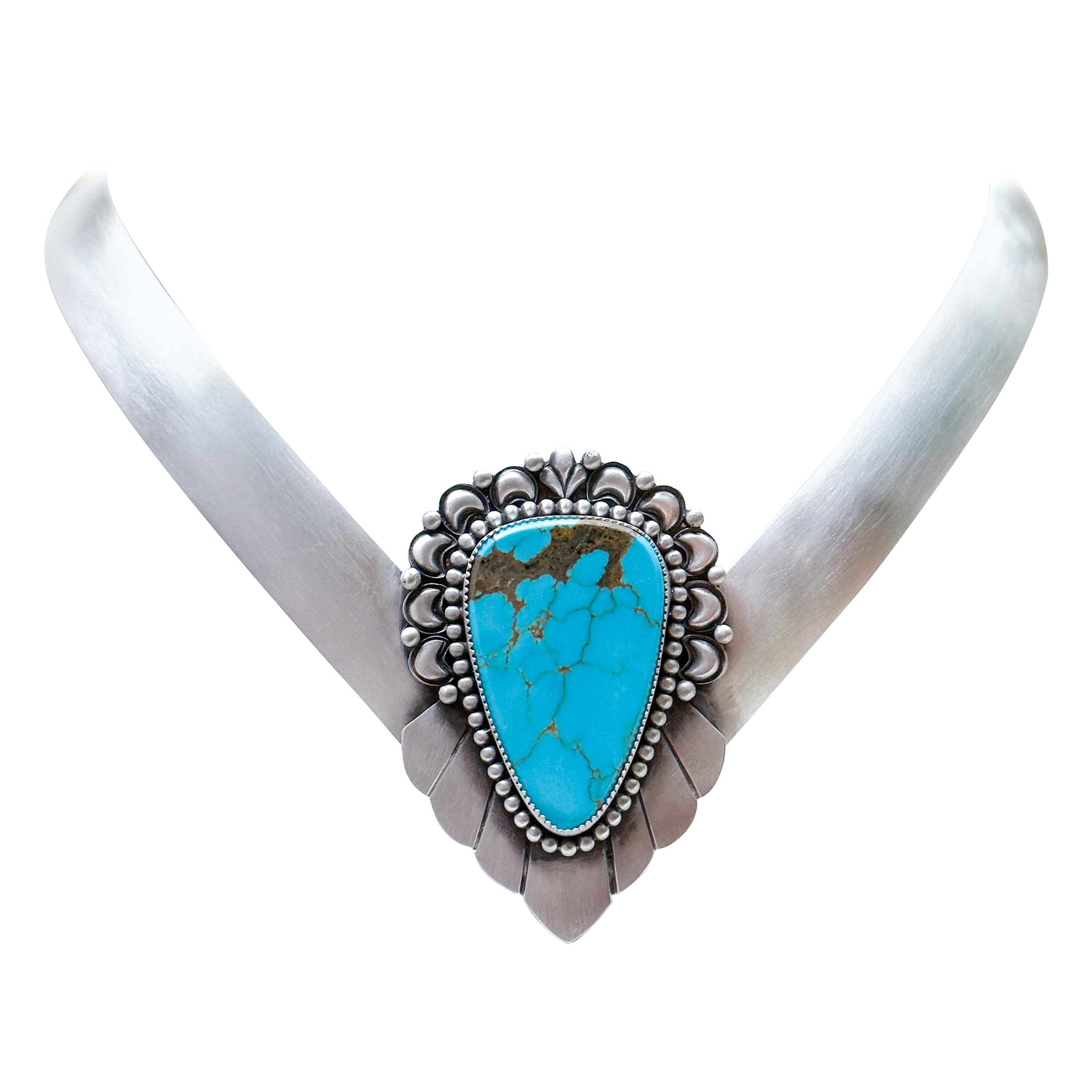 Silver Collar Statement Choker Necklace with Sonoran Turquoise For Sale