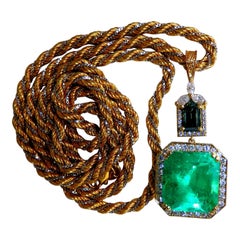 GIA Certified 24ct Natural Colombian Emerald Diamond Necklace 18kt & Rope 30in