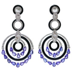 Vintage Tanzanite, Diamonds, Onyx, Platinum and 14 Karat Wite Gold Earrings