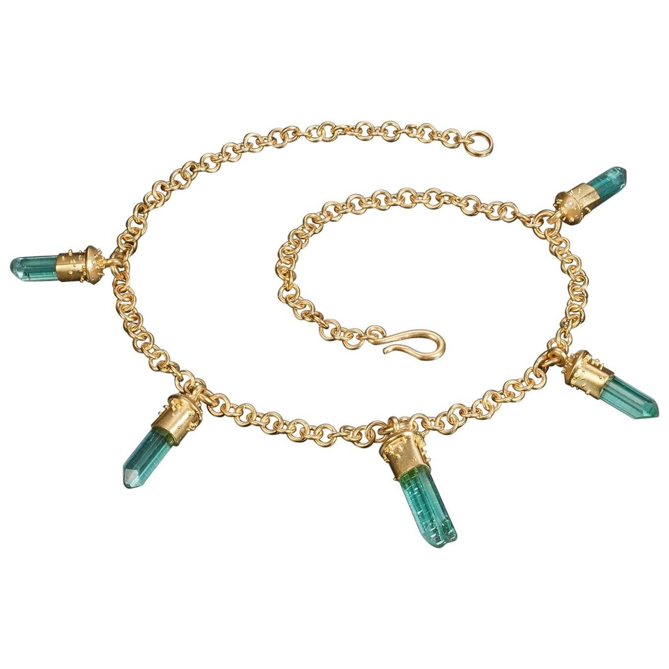 Natural Afghan Tourmaline Crystal Diamond Gold Necklace For Sale