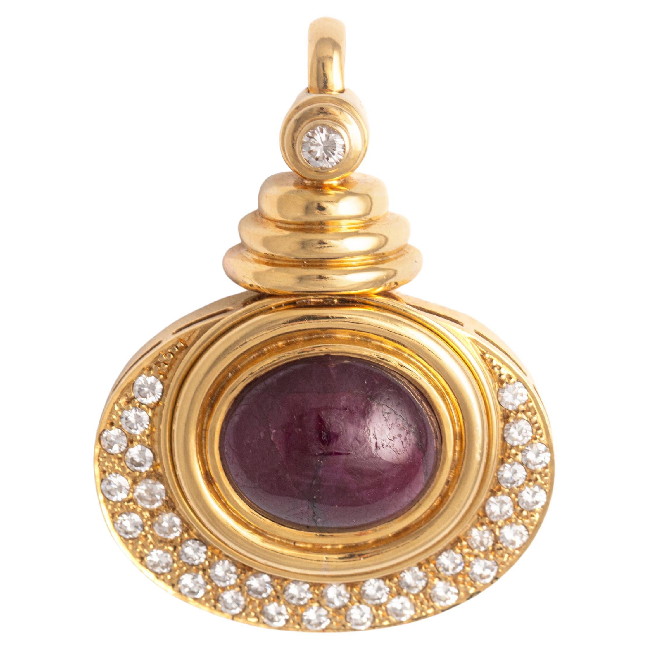 Cabochon Ruby Diamond Yellow Gold Pendant For Sale