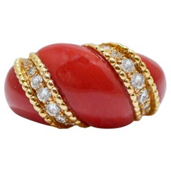 Coral, Diamonds, 18 Karat Yellow Gold Ring