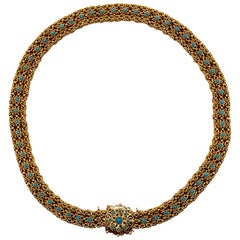 Vintage Blue Turquoise Necklace Portugal Midcentury, 19 Karat Yellow Gold