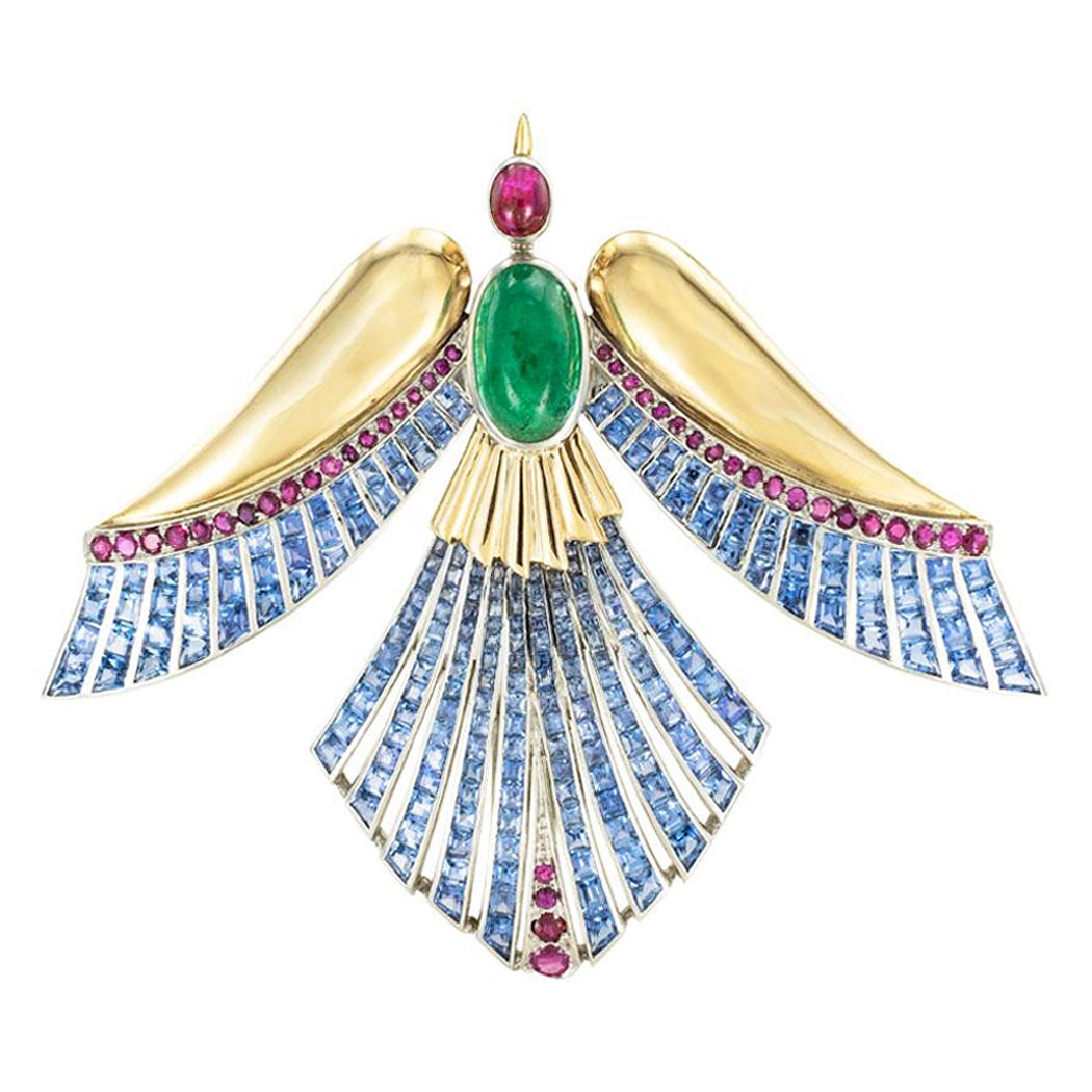 Emerald Ruby Sapphire Gold Phoenix Bird Clip Brooch For Sale