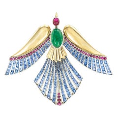 Emerald Ruby Sapphire Gold Phoenix Bird Clip Brooch