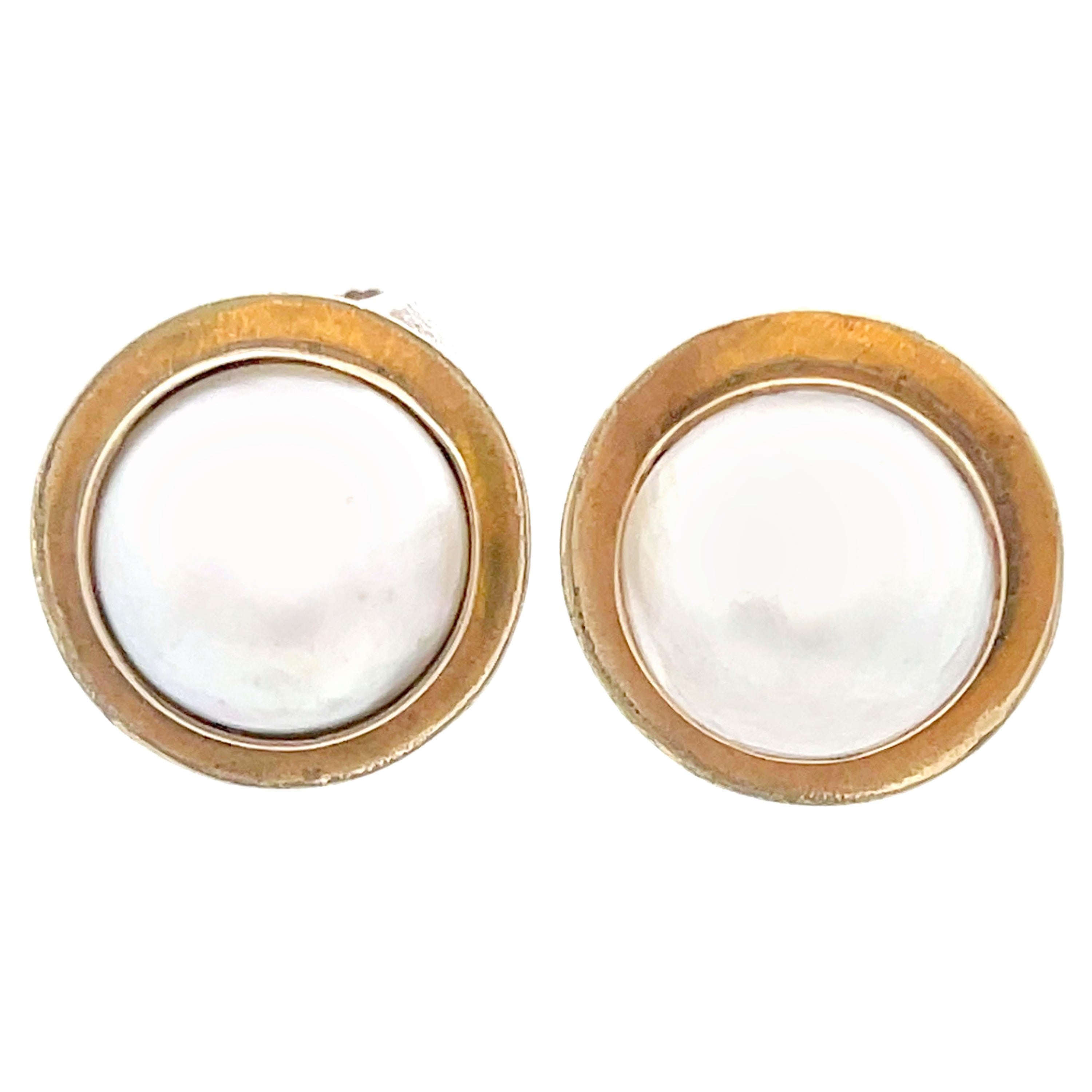 Mings Hawaii Round Mabe Pearl Earrings in 14k Yellow Gold For Sale