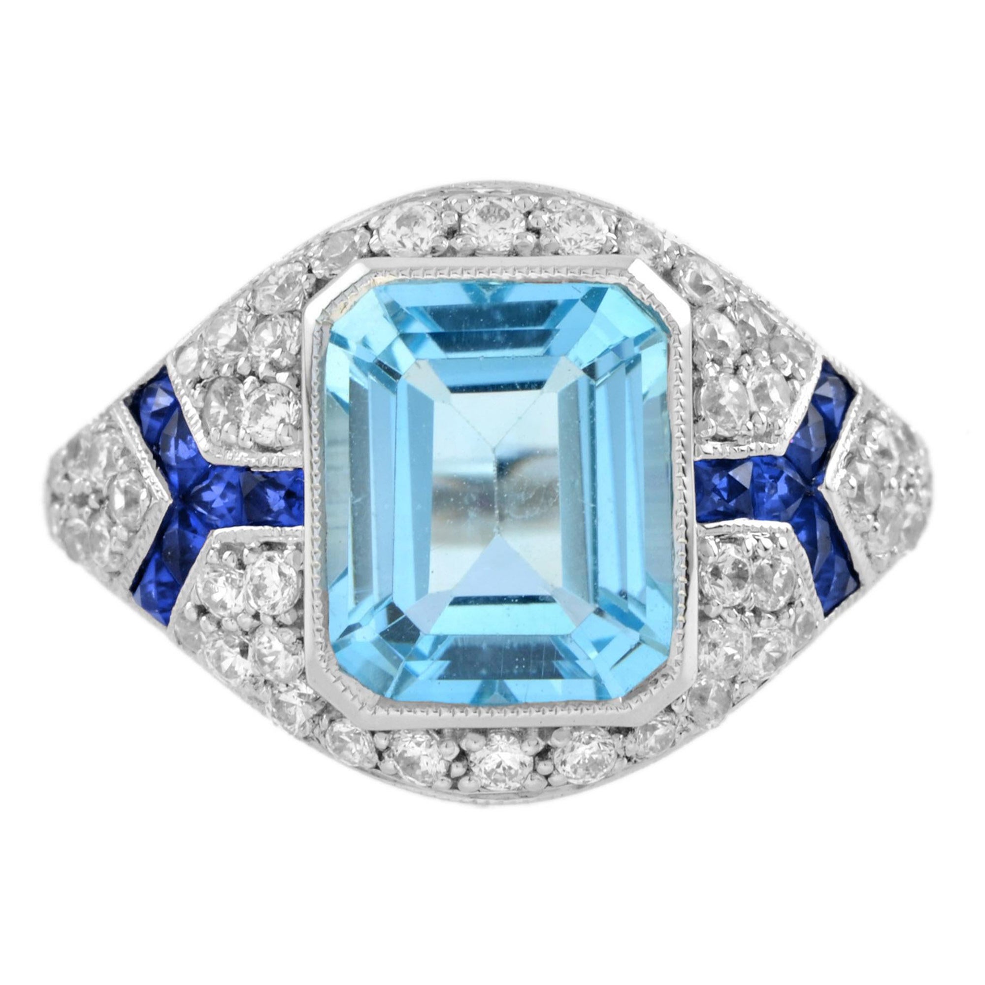 Verlobungsring aus 18 Karat Gold mit blauem Topas und Diamant-Saphir im Art-déco-Stil im Angebot