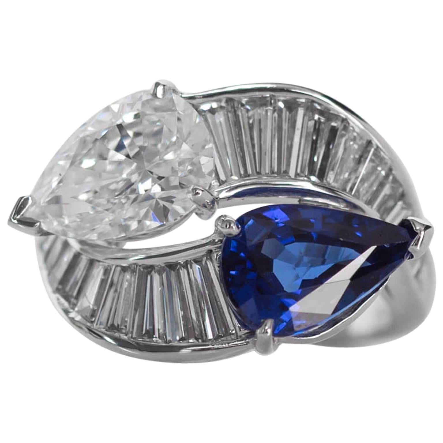 1950s Crossover Pear Shape Diamond Sapphire Platinum Ring