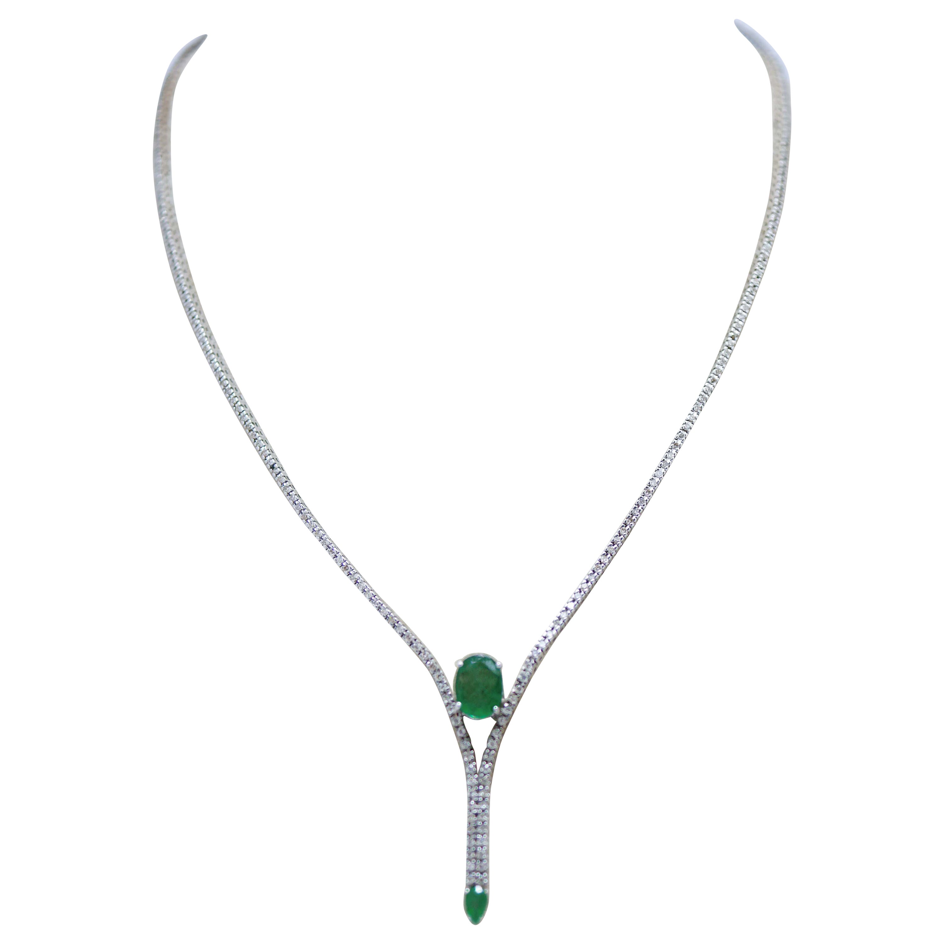 Emeralds, Diamonds, 14 Karat White Gold Tennis Necklace