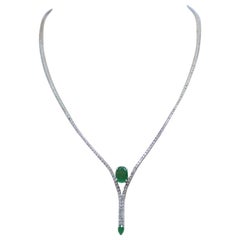Retro Emeralds, Diamonds, 14 Karat White Gold Tennis Necklace