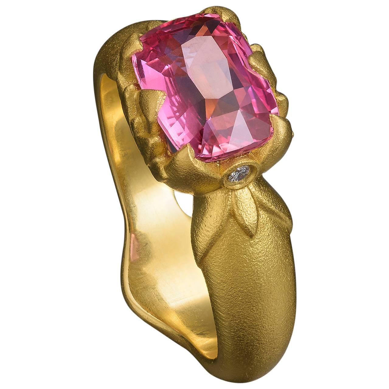 Padparasha Sapphire Diamond Gold Ring For Sale