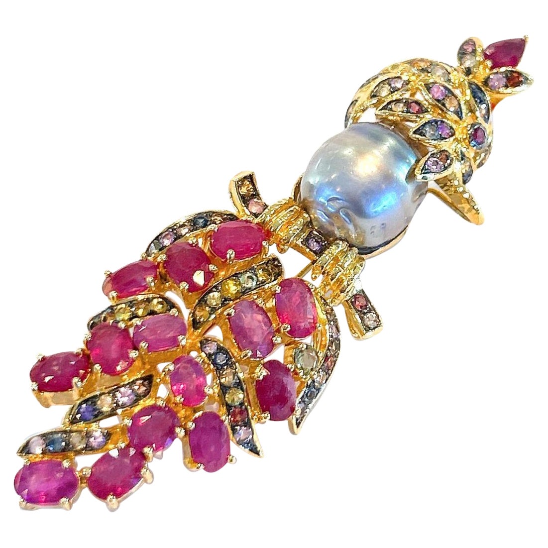 Bochic “Orient” Pearl, Ruby & Sapphire Iconic Brooch Set in 18k Gold & Silver For Sale