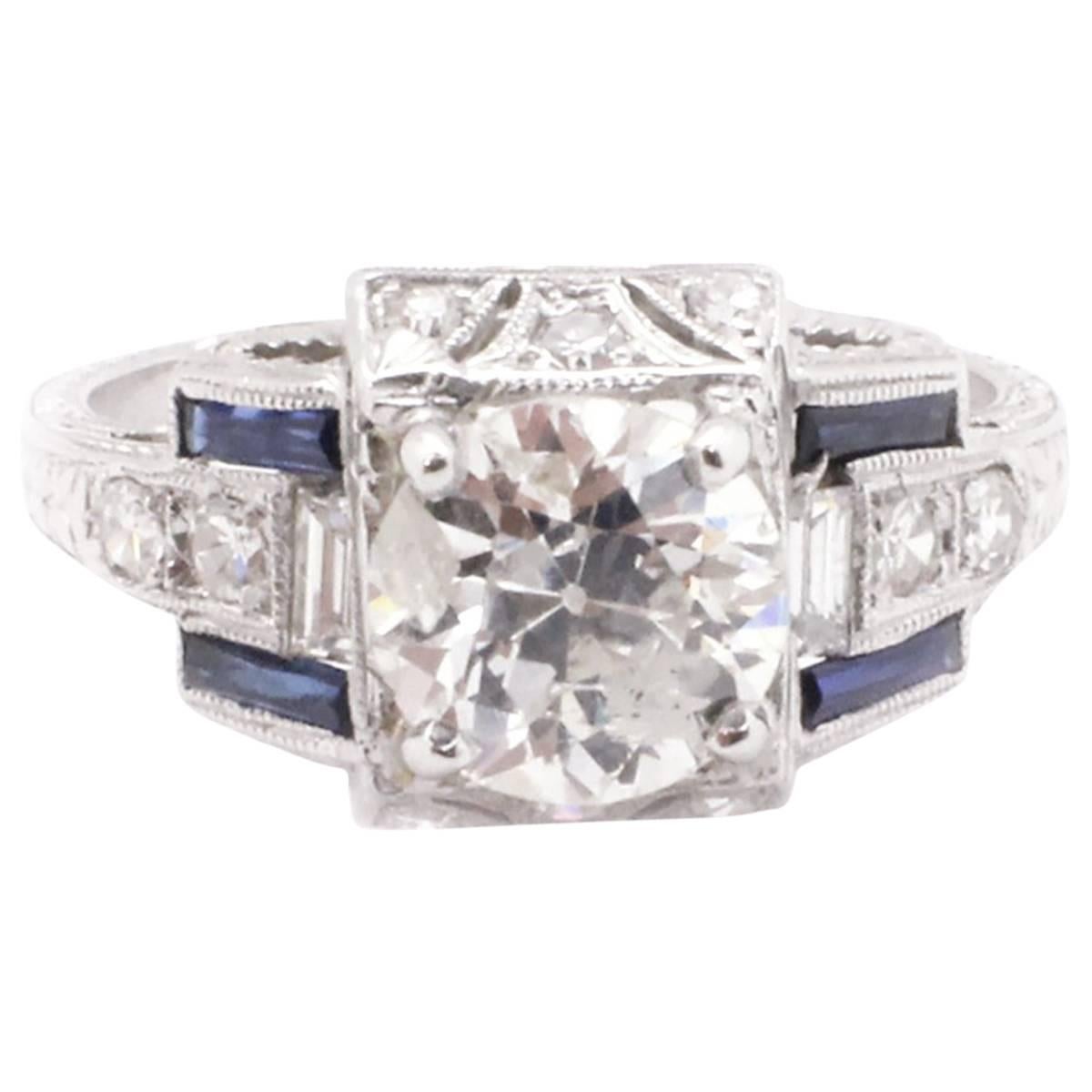 1.66 Carat Round Brilliant Diamond Sapphire Platinum Antique Ring