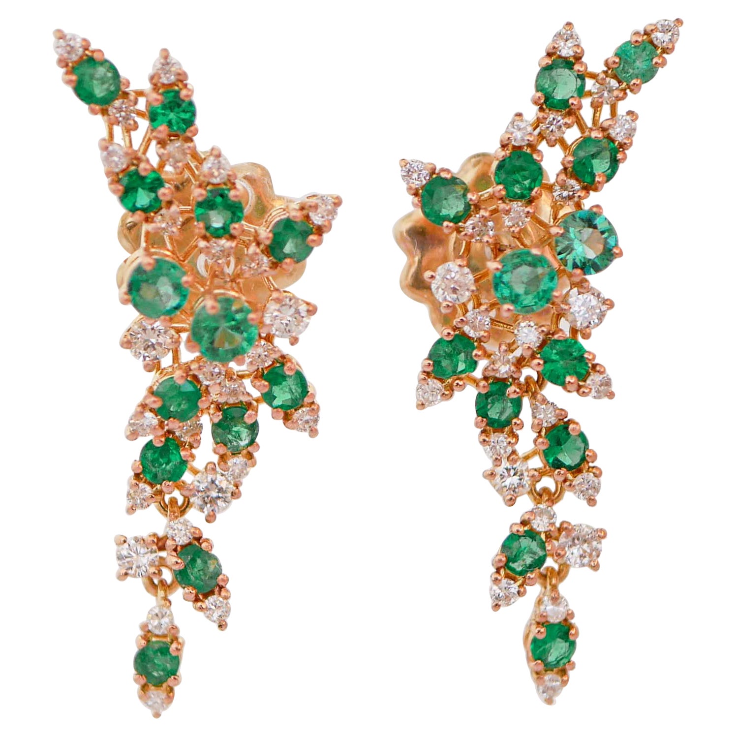 Emeralds, Diamonds 18 Karat Yellow Gold Earrings.
