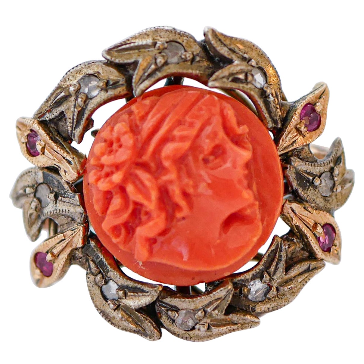 Coral, Rubies, Diamonds, Rose Gold and Silver Ring.