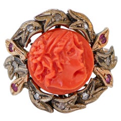 Retro Coral, Rubies, Diamonds, Rose Gold and Silver Ring.