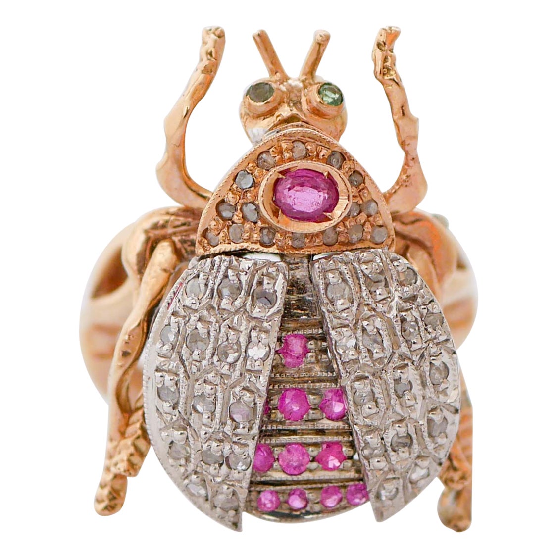 Rubies, Tsavorite, Diamonds, Rose Gold and Silver Beetle Ring For Sale